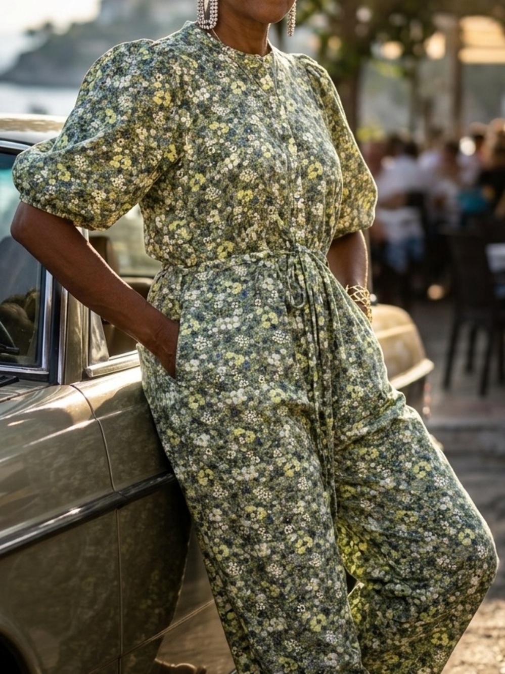 Green Floral Puff Sleeve Elastic Tie-Waist Crop leg Jumpsuit LARGE